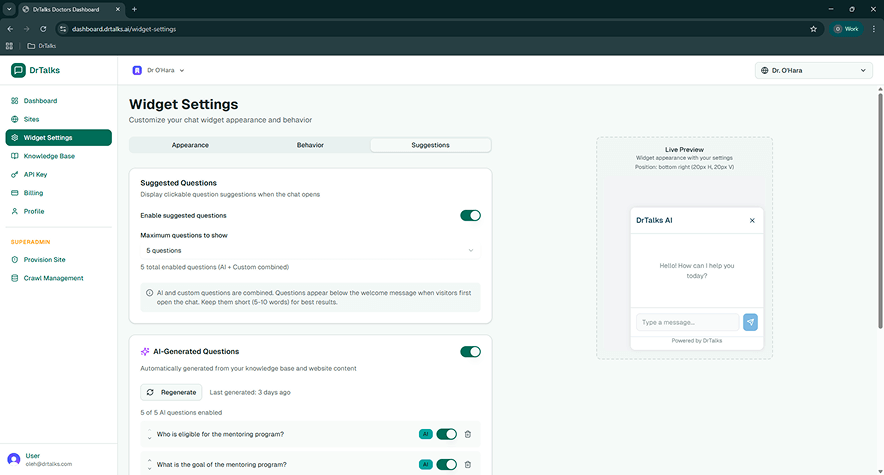 DrTalks Dashboard - Widget Settings