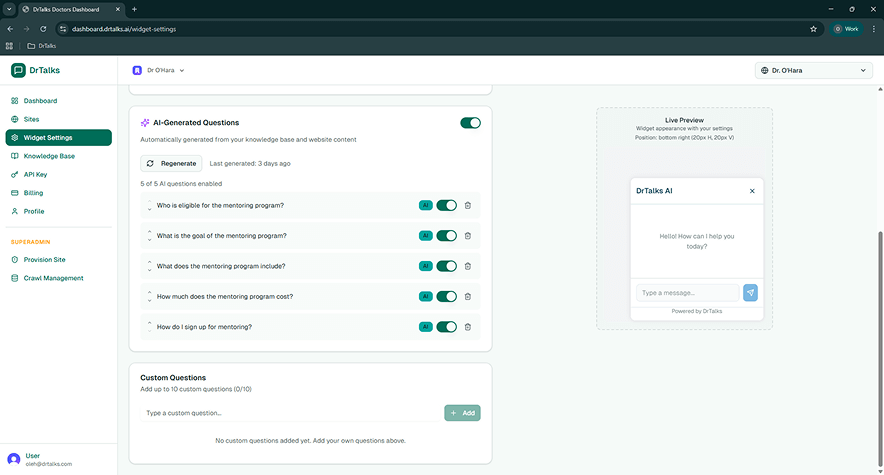 DrTalks Dashboard - AI Questions Configuration