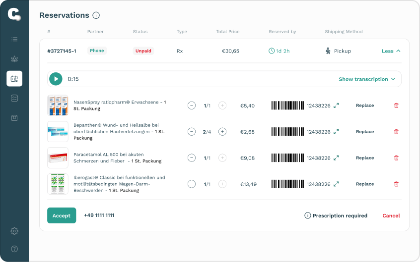 Getcure reservations interface with order details and pharmacy information