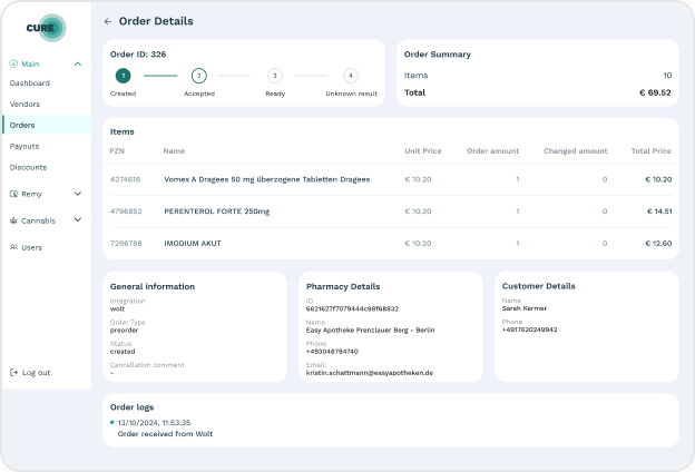 Pharmacy order details interface with item list and summary