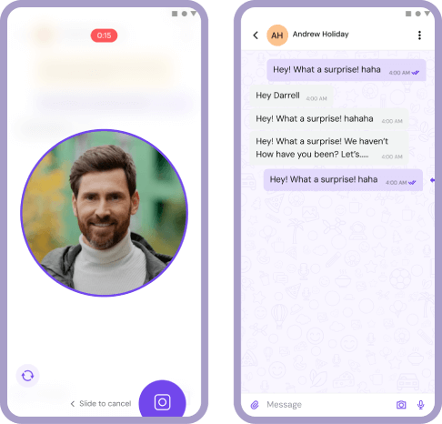 Kiwichat app interface mockup showing onboarding and chat list screens in a mobile view