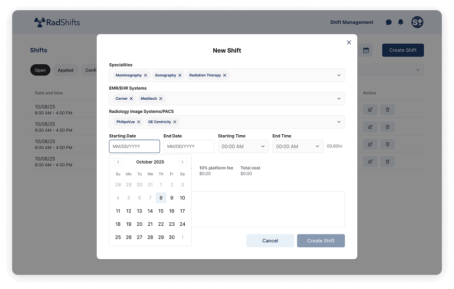 Rad Shifts Dashboard - New Shift Creation