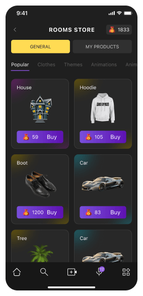 In-app store with multiple options for purchase: clothes, themes, effects, and animations.